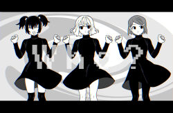 Rule 34 | 3girls, ^ ^, abstract background, bob cut, chromatic aberration, closed eyes, commentary request, dancing, dress, empty eyes, facing viewer, feet out of frame, hair behind ear, hair ornament, hairclip, highres, ichimura shiho, letterboxed, lineup, long sleeves, looking at viewer, looking to the side, midori (rgonkr), mitsuya yuki, multiple girls, nikaidou rui, odd taxi, open mouth, over-kneehighs, pantyhose, parody, pigeon-toed, short dress, short hair, short twintails, smile, song name, spoilers, standing, swept bangs, thighhighs, turtleneck dress, twintails, w arms, wavy hair, who? (vocaloid)