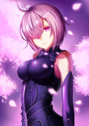 Rule 34 | 1girl, absurdres, ahoge, armor, bare shoulders, bodysuit, breasts, fate/grand order, fate (series), hair over one eye, highres, large breasts, lips, looking at viewer, mash kyrielight, nekosama shugyouchuu, purple bodysuit, purple eyes, purple hair, short hair, solo