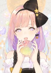 Rule 34 | 1girl, :o, abstract background, apple, black bow, black hairband, blunt bangs, blush, bow, bow earrings, bright pupils, earrings, food, forever 7th capital, fruit, hair bow, hairband, holding, holding food, holding fruit, jewelry, khj, long hair, looking at viewer, melting, multicolored hair, nail polish, off-shoulder shirt, off shoulder, open mouth, pink nails, purple eyes, rainbow hair, shirt, solo, star (symbol), upper body, white shirt