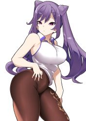 Rule 34 | 1girl, bebebe (pepegakii), breasts, brown pantyhose, cowboy shot, genshin impact, hand on own stomach, high-waist pantyhose, highres, keqing (genshin impact), large breasts, long hair, looking to the side, no pants, open collar, pantyhose, purple eyes, purple hair, shirt, sidelocks, simple background, sleeveless, solo, standing, thick thighs, thighs, twintails, white background, white shirt