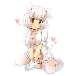 Rule 34 | 10s, 1girl, animal ears, bow, chabo-kun, gloves, good meat day, hair ornament, hairclip, heart, highres, kemono friends, neck ribbon, pig (kemono friends), pig ears, pig tail, pink hair, pink thighhighs, puffy short sleeves, puffy sleeves, ribbon, short hair, short sleeves, simple background, skirt, solo, tail, thighhighs, white background, white gloves