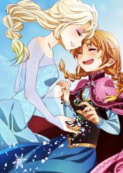 Rule 34 | 2girls, anna (frozen), blonde hair, braid, brown hair, cape, dress, elsa (frozen), closed eyes, face-to-face, forehead-to-forehead, freckles, from side, frozen (disney), holding hands, happy, heads together, highres, interlocked fingers, long sleeves, multiple girls, oiun, see-through, sequins, siblings, single braid, sisters, snow, snowflakes, snowing, tears, twin braids