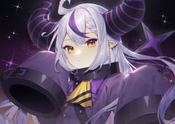 Rule 34 | 1girl, ahoge, ascot, braid, closed mouth, collar, commentary, hands up, hololive, holox, horns, jacket, la+ darknesss, long hair, long sleeves, looking at viewer, metal collar, multicolored hair, pointy ears, purple hair, purple jacket, silver hair, sleeves past fingers, sleeves past wrists, solo, streaked hair, striped horns, symbol-only commentary, upper body, virtual youtuber, wenz, yellow ascot, yellow eyes