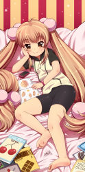 Rule 34 | 1girl, arm rest, bad id, bare legs, barefoot, bed, bed sheet, bike shorts, blush, book, brown eyes, cellphone, child, cookbook, feet, hair bobbles, hair ornament, head rest, highres, hood, hoodie, idfer, indoors, kodomo no jikan, kokonoe rin, light brown hair, long hair, looking at viewer, lying, open book, phone, room, shiny skin, smile, soles, solo, striped, toes, tsurime, twintails, very long hair, watch, wristwatch