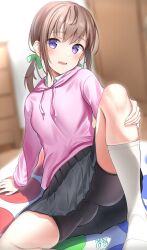 Rule 34 | 1girl, bike shorts, bike shorts under skirt, blurry, blurry background, blush, brown hair, character request, collared shirt, copyright request, green ribbon, grey skirt, hair ribbon, highres, hood, hooded sweater, hoodie, iwabuchi501, long sleeves, looking at viewer, low twintails, pink sweater, pleated skirt, purple eyes, ribbon, shirt, sidelocks, skirt, socks, solo, spread legs, sweater, thighs, twintails, twister, white shirt, white socks