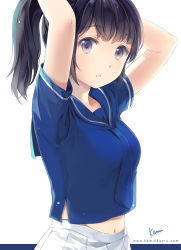 Rule 34 | 1girl, arms up, bad id, bad pixiv id, black hair, blue neckwear, blue sailor collar, blue shirt, from side, highres, kamui (kamuikaoru), looking at viewer, looking to the side, midriff, navel, original, parted lips, pleated skirt, ponytail, purple eyes, sailor collar, see-through silhouette, shirt, short sleeves, signature, simple background, skirt, solo, watermark, web address, white background, white skirt