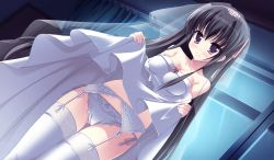 Rule 34 | 1girl, angel ring, bare shoulders, black hair, blush, bow, bow panties, breasts, bridal veil, bride, cleavage, clothes lift, dress, dress lift, dutch angle, embarrassed, frown, fujii sumika, game cg, garter belt, garter straps, highres, lace, lace-trimmed legwear, lace trim, long hair, non-web source, panties, purple eyes, saeki nao, side-tie panties, skirt, skirt lift, solo, thigh gap, thighhighs, thighs, underwear, veil, very long hair, wedding dress, white panties, white thighhighs, window, yamakaze ran