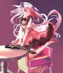 Rule 34 | 1girl, 41y (yooichiwai), bad id, bad pixiv id, bandaged arm, bandages, bow, chair, detached sleeves, electric guitar, guitar, hair ornament, highres, instrument, kneeling, lace, lace-trimmed skirt, lace trim, long hair, original, pink eyes, pointy ears, single sleeve, skirt, solo, table, very long hair, wedtaro, white hair