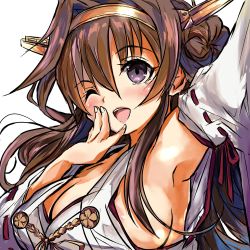 Rule 34 | 10s, 1girl, ;d, areola slip, arm up, armpits, blush, breasts, cleavage, detached sleeves, hair intakes, hairband, kantai collection, kongou (kancolle), large breasts, long hair, one eye closed, open mouth, purple eyes, ribbon-trimmed sleeves, ribbon trim, smile, solo, takahiro (rikky), upper body