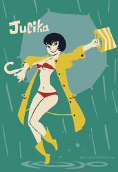 Rule 34 | 1girl, artist name, bag, bikini, black hair, boots, character name, coat, flat color, highres, holding, holding bag, holding umbrella, jucika, jucika (comic), looking at viewer, midriff, navel, open clothes, open coat, rain, ramb chop, red bikini, red lips, rubber boots, short hair, smile, solo, standing, standing on one leg, swimsuit, swimsuit under clothes, umbrella, water drop, yellow footwear, yellow raincoat