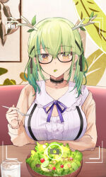 Rule 34 | 1girl, alternate costume, alternate hairstyle, antlers, apple, blush, breasts, ceres fauna, ceres fauna (jirai kei), cleavage cutout, clothing cutout, eating, food, fork, fruit, glass, glasses, green hair, highres, hololive, hololive english, horns, large breasts, lettuce, long hair, mole, mole under eye, pickle, plant print, plate, pov, recording, salad, shuuzo3, sweater, table, tomato, virtual youtuber, wall, yellow eyes