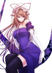 Rule 34 | 1girl, akiyama cz4a, bare shoulders, black thighhighs, blonde hair, breasts, choker, cleavage, dress, elbow gloves, expressionless, gloves, hat, hat ribbon, highres, large breasts, long hair, looking at viewer, purple eyes, ribbon, simple background, sitting, solo, strapless, strapless dress, thighhighs, touhou, white background, white gloves, yakumo yukari