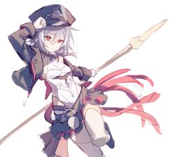 Rule 34 | 1girl, black hair, black hat, black jacket, black shorts, breasts, cleavage, closed mouth, cramps (exspmarc), fu hua, fu hua (herrscher of sentience), fu hua (turn up the music!) (herrscher of sentience), hat, holding, holding polearm, holding weapon, honkai (series), honkai impact 3rd, jacket, leotard, long hair, long sleeves, looking at viewer, polearm, red eyes, shorts, simple background, small breasts, solo, thighhighs, weapon, white background, white leotard, white thighhighs