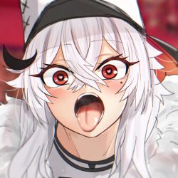 Rule 34 | 1girl, akaoni (zumt3548), azur lane, close-up, collarbone, commentary, commentary request, crossed bangs, fur trim, gangut (azur lane), hair between eyes, hat, heart, heart-shaped pupils, highres, long hair, looking at viewer, military hat, mole, mole under eye, open mouth, oral invitation, red background, red eyes, silver hair, solo, symbol-shaped pupils, tongue, tongue out