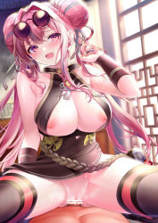 Rule 34 | 1boy, 1girl, :d, azur lane, bar censor, bare shoulders, black thighhighs, blush, braid, breasts, bremerton (azur lane), bremerton (kung fu cruiser) (azur lane), censored, china dress, chinese clothes, cleavage, cleavage cutout, clothing cutout, covered navel, cowgirl position, cum, cum in pussy, double bun, dress, eyewear on head, fingernails, girl on top, hair bun, hair intakes, hetero, highres, large breasts, long hair, looking at viewer, mole, mole on breast, nail polish, nipples, official alternate costume, open mouth, parted lips, pelvic curtain, penis, pink eyes, pink hair, pontaro18, pussy, sex, sitting, smile, solo focus, straddling, sunglasses, thighhighs, vaginal