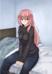 Rule 34 | 1girl, alternate costume, aqua eyes, arm support, bed, black pants, black sweater, blush, breasts, casual, closed mouth, embarrassed, female focus, hair between eyes, indoors, kelvin, kelvin (ufo), large breasts, long hair, long sleeves, looking at viewer, megurine luka, neck, on bed, pants, pink hair, room, shy, sitting, sleeves past wrists, solo, sweater, v arms, vocaloid