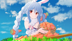 Rule 34 | 1girl, absurdres, ame., animal ear fluff, animal ears, black leotard, blue hair, blue sky, blush, bow, braid, breasts, carrot hair ornament, cleavage, closed mouth, cloud, commentary, day, detached sleeves, don-chan (usada pekora), dress, food-themed hair ornament, hair between eyes, hair bow, hair ornament, highres, hololive, leotard, long hair, multicolored hair, outdoors, puffy short sleeves, puffy sleeves, rabbit-shaped pupils, rabbit ears, red eyes, short eyebrows, short sleeves, sidelocks, sky, small breasts, smile, strapless, strapless dress, strapless leotard, symbol-only commentary, symbol-shaped pupils, thick eyebrows, twin braids, twintails, two-tone hair, usada pekora, usada pekora (1st costume), very long hair, virtual youtuber, white bow, white dress, white hair, white sleeves