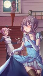 Rule 34 | 3girls, akebono (kancolle), alternate costume, apron, black legwear, blue dress, blue gloves, blush, brown hair, cake, cinderella, cinderella (grimm), cinderella (grimm) (cosplay), commentary request, cosplay, covered navel, dress, eating, elbow gloves, closed eyes, flower, food, frills, full moon, gloves, hair between eyes, hair bobbles, hair flower, hair ornament, highres, jacket, kantai collection, kishinami (kancolle), lifting own clothes, long hair, long sleeves, looking at viewer, maid, maid headdress, military, military jacket, military uniform, moon, multiple girls, night, night sky, open mouth, pink hair, purple eyes, purple hair, sazanami (kancolle), short hair, side ponytail, skirt, sky, starry sky print, thighhighs, tray, twintails, uniform, very long hair, wavy hair, yuki to hana