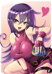 Rule 34 | 1girl, :d, arm strap, armpits, bare shoulders, belt, breasts, card, choker, dress, duel masters, fingerless gloves, gloves, highres, holding, holding card, impossible clothes, impossible dress, large breasts, long hair, open mouth, pouch, purple hair, red eyes, sideways glance, sleeveless, smile, solo, tasogare mimi, taut clothes, taut dress, teng zhai zi, thigh pouch, thigh strap