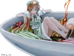 Rule 34 | 1girl, blue eyes, bowl, braid, chabi (amedama), dated, egg, food, hat, hong meiling, in bowl, in container, in food, long hair, mini person, minigirl, noodles, red hair, solo, soup, touhou, twin braids