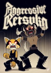 Rule 34 | 1boy, 1girl, absurdres, aggressive retsuko, animal ears, animal nose, armband, arms up, artist name, bare shoulders, belt, black footwear, black pants, black shirt, blank eyes, body fur, boots, breasts, brown fur, clenched hand, collarbone, copyright name, english text, fox-pop vli, full body, furry, furry female, furry male, glowing, glowing eyes, gradient background, haida (aggretsuko), hand up, highres, hyena boy, hyena ears, hyena tail, immortal (band), legs apart, logo parody, looking at viewer, makeup, multicolored fur, open mouth, outline, panda ears, panda girl, panda tail, pants, red eyes, retsuko, sharp teeth, shirt, shirt tucked in, sleeveless, sleeveless shirt, small breasts, spiked boots, spikes, standing, striped tail, tail, teeth, topless male, watermark, white fur, white outline, wristband, yellow fur