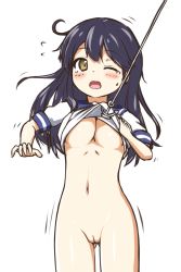Rule 34 | 10s, 1girl, arisu kazumi, assisted exposure, blue hair, blush, bottomless, breasts, cleft of venus, clothes lift, female focus, flying sweatdrops, highres, hook, kantai collection, long hair, navel, no bra, one eye closed, open mouth, pussy, school uniform, serafuku, shirt, shirt lift, simple background, solo, standing, surprised, sweatdrop, tears, uncensored, ushio (kancolle), white background, wince, yellow eyes