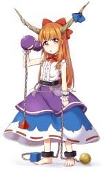 Rule 34 | 1girl, :p, arm up, barefoot, belt, blunt bangs, blush, bow, bowtie, center frills, chain, closed mouth, cube, cuffs, frills, full body, gourd, hair bow, hair tie, highres, holding, horn ornament, horn ribbon, horns, ibuki suika, ksk (semicha keisuke), layered skirt, looking at viewer, ofuda, pyramid (structure), red bow, red bowtie, ribbon, shirt, skirt, sleeveless, sleeveless shirt, solo, standing, tareme, tongue, tongue out, touhou, white background, white shirt, wrist cuffs