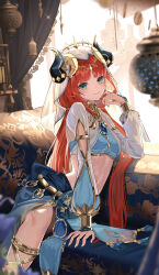 Rule 34 | 1girl, absurdres, aqua eyes, arm support, blue gemstone, blue nails, blue skirt, blunt bangs, bracer, breasts, brooch, circlet, closed mouth, couch, curtains, dancer, fake horns, fingernails, gem, genshin impact, gladiator sandals, gold footwear, gold trim, hand on own cheek, hand on own face, hand up, harem outfit, highres, horns, jewelry, knee up, komiya latte, long sleeves, looking at viewer, low twintails, medium breasts, nail polish, navel, neck ring, nilou (genshin impact), on couch, parted bangs, puffy long sleeves, puffy sleeves, red hair, sandals, sidelocks, sitting, skirt, smile, solo, stomach, twintails, veil, white veil