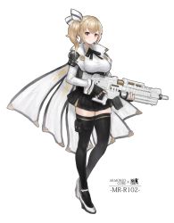 Rule 34 | 1girl, armor, armored core, artnohearts, black gloves, black ribbon, black skirt, black thighhighs, blonde hair, blush, breasts, cape, closed mouth, collared jacket, collared shirt, earrings, fingerless gloves, full body, girls&#039; frontline, gloves, gun, hair ribbon, holding, holding weapon, jacket, jewelry, large breasts, long sleeves, looking at viewer, miniskirt, neck ribbon, one side up, open clothes, open jacket, original, pauldrons, personification, pleated skirt, pouch, red eyes, ribbon, rifle, shirt, short hair, shoulder armor, simple background, skirt, solo, standing, thigh pouch, thigh strap, thighhighs, trigger discipline, weapon, white background, white footwear, white jacket, white shirt, wing collar, wrist cuffs