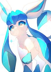 Rule 34 | animal focus, blue eyes, blue hair, blush, creatures (company), game freak, gen 4 pokemon, glaceon, looking at viewer, lxipceluceos5r6, nintendo, no humans, pokemon, pokemon (creature), sidelocks, simple background, smile, solo, white background