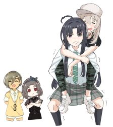 Rule 34 | ^ ^, ahoge, awa subaru, biting own lip, black hair, black shirt, black skirt, black socks, blush, brown hair, camouflage, camouflage pants, carrying, carrying person, closed eyes, closed mouth, collared shirt, commentary, cropped legs, diagonal-striped clothes, diagonal-striped necktie, dress shirt, drunk, ebizuka tomo, girls band cry, green necktie, grey hair, grey hairband, grey skirt, hair between eyes, hair ribbon, hairband, highres, jitome, kawaragi momoka, kneehighs, long hair, long hair between eyes, long sleeves, mole, mole under eye, multicolored hair, necktie, open mouth, pants, parted bangs, plaid, plaid skirt, pleated skirt, puffy short sleeves, puffy sleeves, purple eyes, red eyes, ribbon, roots (hair), rupa (girls band cry), sagittarius (cruxhkg), school uniform, shirt, shirt tucked in, short hair, short sleeves, sidelocks, simple background, skirt, socks, striped clothes, sweater vest, trembling, wavy mouth, white background, white baseball cap, white ribbon, white shirt, yellow shirt, yellow sweater vest