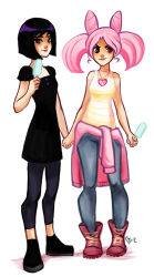 Rule 34 | 2girls, bishoujo senshi sailor moon, black hair, boots, capri pants, cassidy stone, chibi usa, clothes around waist, cone hair bun, couple, food, hair bun, holding hands, jewelry, looking at viewer, multiple girls, necklace, pants, pink hair, popsicle, red eyes, short twintails, smile, standing, sweater, sweater around waist, tank top, tomoe hotaru, twintails, yuri