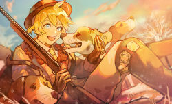 Rule 34 | 1boy, black gloves, blonde hair, blue eyes, blue sky, cloud, dog, fur collar, gloves, gun, hair between eyes, hand on animal, hat, holding, holding gun, holding weapon, hunting rifle, kagamine len, knees up, looking at animal, necktie, nunosei, open mouth, orange theme, outdoors, rifle, short ponytail, sitting, sky, snowflakes, solo, teeth, upper teeth only, vocaloid, weapon, yellow necktie