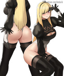 Rule 34 | 1girl, ass, between legs, black gloves, black thighhighs, blindfold, blindfold lift, blonde hair, blush, breasts, cleavage cutout, closed mouth, clothing cutout, commentary, cosplay, donburi (donburikazoku), from behind, gloves, hairband, hand between legs, highleg, highleg leotard, highres, juliet sleeves, kitagawa marin, large breasts, legs apart, leotard, long hair, long sleeves, multiple views, nier:automata, nier (series), patreon logo, patreon username, puffy sleeves, red eyes, simple background, sono bisque doll wa koi wo suru, standing, thighhighs, thighs, watermark, web address, white leotard, 2b (nier:automata), 2b (nier:automata) (cosplay)