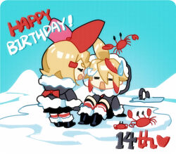 Rule 34 | 1boy, 1girl, blonde hair, bow, chi ya, chibi, closed eyes, commentary, crab, fur-trimmed hood, fur trim, hair bow, happy birthday, hood, hood down, hood up, jacket, kagamine len, kagamine rin, multicolored hair, open mouth, outdoors, red hair, shorts, sitting, skirt, smile, snow, socks, spiked hair, sweatdrop, vocaloid, yuki len, yuki len (2022), yuki rin, yuki rin (2022)