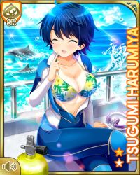 Rule 34 | 1girl, bikini, bikini top only, blue hair, bodysuit, breasts, card (medium), character name, closed eyes, cloud, crossed legs, day, diving suit, dolphin, english text, female focus, girlfriend (kari), hand on own face, harumiya tsugumi, looking at viewer, ocean, official art, open mouth, outdoors, pointing, pointing at self, qp:flapper, red eyes, scuba diver, scuba gear, short hair, sitting, smile, solo, splashing, sunlight, unzipped, watch, wet, wetsuit