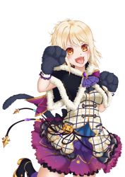 Rule 34 | 1girl, :p, animal hands, aoiao (aoiao aoiao13), artist name, artist request, black footwear, black ribbon, blonde hair, blush, boots, breasts, brown eyes, capelet, cat paws, cat tail, checkered clothes, checkered dress, dress, female focus, frilled dress, frills, fur-trimmed capelet, fur trim, gem, gloves, green gemstone, hair between eyes, high ponytail, highres, jewelry, long hair, looking at viewer, love live!, love live! nijigasaki high school idol club, love live! school idol festival, love live! school idol festival all stars, medium breasts, miyashita ai, neckerchief, open mouth, orange eyes, parted lips, paw gloves, ponytail, pumpkin print, purple skirt, ribbon, side ponytail, skirt, smile, solo, sparkle print, spider web print, standing, standing on one leg, tail, tongue, tongue out, v-shaped eyebrows, white dress, yellow eyes