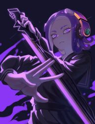 Rule 34 | 1girl, closed mouth, commentary request, eyebrow cut, eyelashes, headphones, holding, holding sword, holding weapon, medium hair, ningen orange, nintendo, octoling, octoling girl, octoling player character, paint, purple background, purple eyes, purple hair, simple background, solo, splatana wiper (splatoon), splatoon (series), splatoon 3, sword, weapon