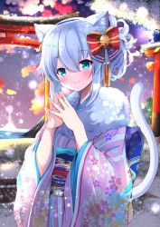 Rule 34 | 1girl, absurdres, animal ear fluff, animal ears, bell, blue eyes, blue hairband, blush, bow, cat ears, cat girl, cat tail, closed mouth, commentary request, floral print, fur collar, hair between eyes, hair bow, hairband, highres, japanese clothes, jingle bell, kimono, long sleeves, looking at viewer, obi, original, outdoors, pink kimono, print kimono, red bow, sash, shibakame, silver hair, smile, solo, steepled fingers, striped, striped bow, tail, torii, water, wide sleeves