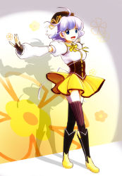 Rule 34 | 1980s (style), 1girl, ahoge, boots, corset, cosplay, creamy mami, detached sleeves, fingerless gloves, gloves, hat, mahou no tenshi creamy mami, mahou shoujo madoka magica, mahou shoujo madoka magica (anime), meguri, morisawa yuu, name connection, oldschool, pun, retro artstyle, skirt, solo, spotlight, thighhighs, tomoe mami, tomoe mami (cosplay)