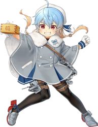 Rule 34 | 1girl, ahoge, ankle ribbon, artist request, black pantyhose, blue ribbon, box, clenched hand, coat, full body, fur trim, gloves, gradient hair, grin, hat, holding, holding box, kantai collection, leg ribbon, loafers, lowres, multicolored hair, official art, pantyhose, pitching, poncho, red eyes, ribbon, rigging, rudder footwear, sado (kancolle), sailor hat, setsubun, shoes, shoulder strap, skirt, smile, solo, soybean, transparent background, twintails, white gloves, wooden box