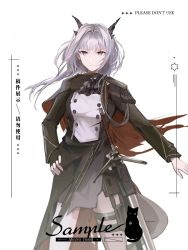 Rule 34 | 1girl, arknights, ascot, black ascot, black bag, black capelet, black cat, black hair, black shirt, black skirt, blouse, buttons, capelet, cat, chinese text, cowboy shot, dragon girl, dragon horns, dragon tail, english text, gloves, grey eyes, grey hair, hair intakes, hand on own hip, highres, horns, long sleeves, looking at viewer, medium hair, mixed-language text, official alternate costume, pouch, sample watermark, shirt, simple background, single glove, skirt, solo, tail, talulah (arknights), talulah the fighter (arknights), thigh pouch, tianye toshi, two-tone shirt, watermark, white background, white shirt