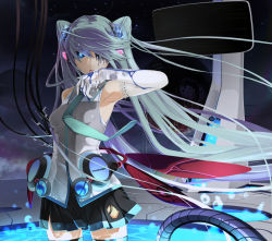 Rule 34 | 1girl, armpits, cable, elbow gloves, gloves, glowing, glowing eye, green hair, hair over one eye, hatsune miku, licking, long hair, necktie, rakupi, skirt, solo, thighhighs, tongue, twintails, very long hair, vocaloid