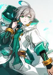 Rule 34 | 1boy, ainchase ishmael, commentary, earrings, elsword, english commentary, expressionless, green eyes, grey hair, hair between eyes, jewelry, looking at viewer, necklace, ohil (ohil822), solo, teeth