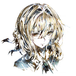 Rule 34 | 1girl, abstract, blonde hair, blush, brooch, closed mouth, crying, hair between eyes, highres, jewelry, long hair, looking at viewer, neckwear request, portrait, sidelocks, simple background, solo, tears, upper body, violet evergarden, violet evergarden (series), white background, ying yi