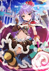 Rule 34 | 1girl, aircraft, airmisuzu, armpits, bare arms, blue sky, braid, breasts, brown gloves, brown skirt, candy, candy cane, cape, castle, cleavage, cloud, commentary request, crop top, crown, day, elbow gloves, food, fur trim, garter straps, gloves, groin, hair flaps, heart, highres, holding, hot air balloon, lollipop, long hair, looking at viewer, medium breasts, midriff, navel, original, outdoors, purple hair, single glove, skirt, sky, solo, striped clothes, striped legwear, striped thighhighs, swirl lollipop, thighhighs, yellow eyes