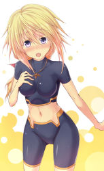 Rule 34 | 10s, 1girl, bad id, bad pixiv id, bike shorts, blonde hair, blush, breasts, charlotte dunois, female focus, impossible clothes, impossible shirt, infinite stratos, long hair, midriff, navel, oukawa yuu, purple eyes, shirt, solo, white background