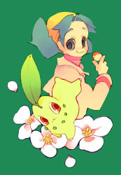 Rule 34 | 1990s (style), 1girl, :3, bad id, bad pixiv id, blue hair, chikorita, creatures (company), flower, game freak, gen 2 pokemon, green background, hat, holding, holding poke ball, kan8931, leaf, looking at viewer, lowres, nintendo, poke ball, pokemon, pokemon (creature), pokemon gsc, red eyes, retro artstyle, short hair, smile, solo, twintails