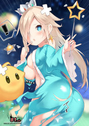 Rule 34 | !, 1girl, ass, black eyes, blonde hair, blurry, blurry background, blush, censored nipples, cisyo, convenient censoring, crown, earrings, emphasis lines, fingernails, from behind, gameplay mechanics, hair over one eye, highres, holding, holding wand, jewelry, long hair, long sleeves, looking at viewer, luma (mario), mario (series), nail polish, nintendo, open mouth, pink nails, planet, rosalina, single earring, speech bubble, super mario galaxy, super smash bros., torn, torn clothes, wand, wide sleeves