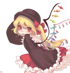 Rule 34 | 1girl, alternate costume, alternate headwear, black hat, blush, bowler hat, crystal, fang, flandre scarlet, hair ribbon, hat, long hair, long sleeves, looking to the side, open mouth, red eyes, ribbon, shirt, side ponytail, signature, simple background, skirt, smile, solo, tis (shan0x0shan), touhou, white background, wide sleeves, wings
